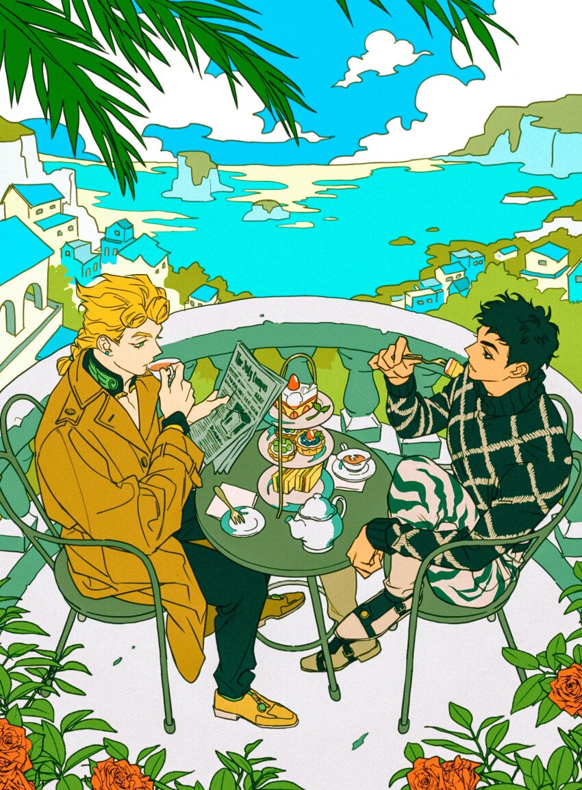 2boys 456123r0gue78 black_hair blonde_hair cake coat cup food giorno_giovanna guido_mista highres jojo_no_kimyou_na_bouken looking_at_another multiple_boys ocean outdoors pants sitting sky strawberry_shortcake sweater table teacup