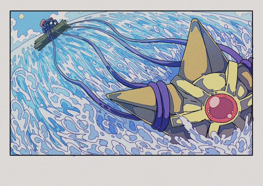 black_eyes border creature game_freak gem gen_1_pokemon highres log nintendo no_humans no_mouth onamuzi_illust outdoors pokemon pokemon_(creature) pulling red_footwear red_gemstone staryu swimming tangela tentacles water white_border wide-eyed