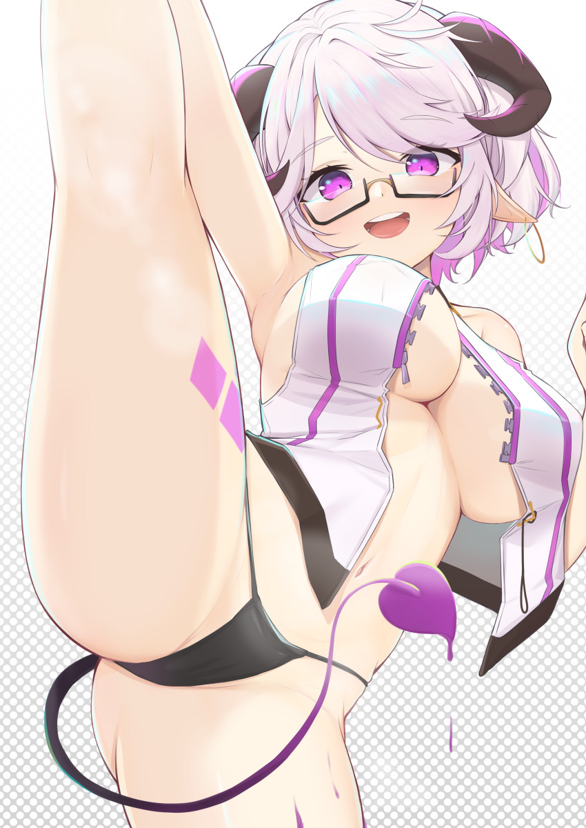 1girl absurdres black_panties breasts chinese_commentary cloudhorizon_studios colored_inner_hair commentary curled_horns earrings fourierkaeru highres hoop_earrings horns jewelry jiaolian_caren large_breasts leg_tattoo looking_at_viewer multicolored_hair open_clothes open_mouth open_shirt panties pointy_ears purple_eyes semi-rimless_eyewear single_earring solo split standing standing_on_one_leg standing_split tail tattoo teeth under-rim_eyewear underwear upper_teeth_only variant_set virtual_youtuber white_hair zipper_top
