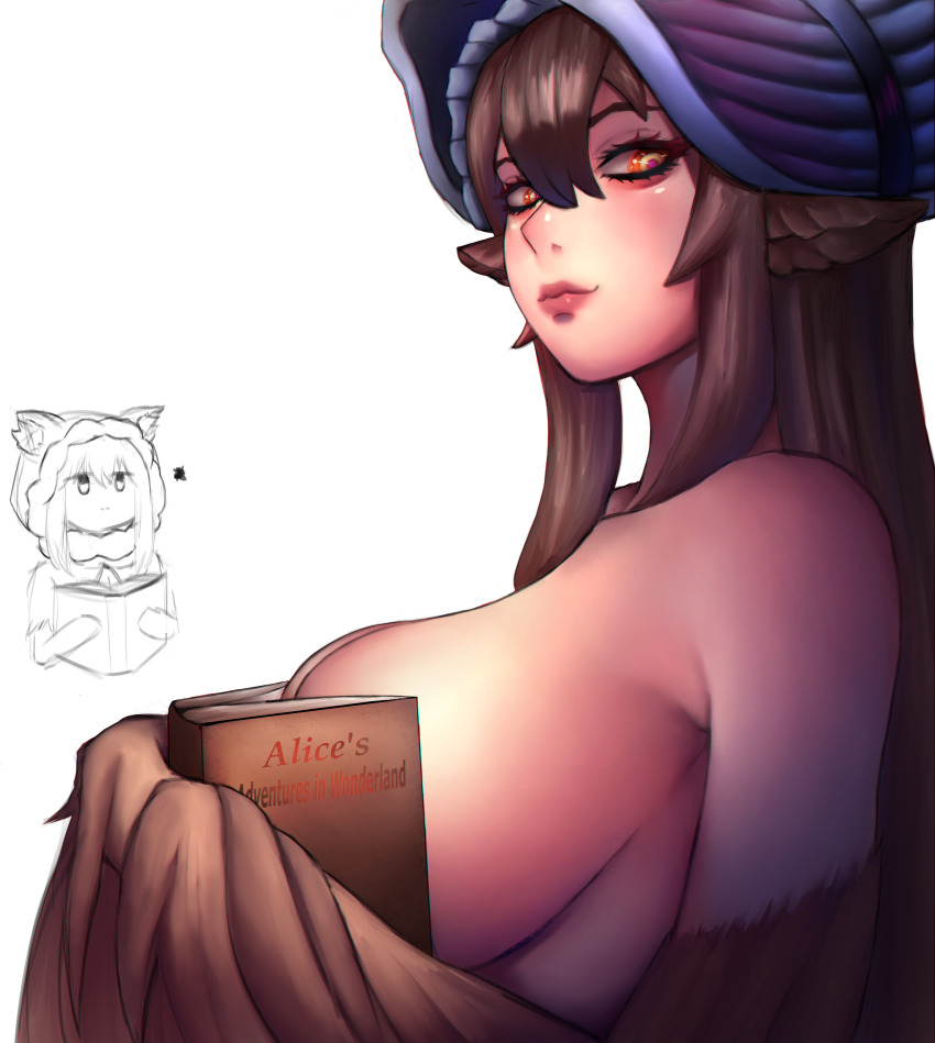 2girls absurdres aluc4rd animal_ears bird_ears black_souls black_souls_2 bonnet boobs_in_book_(meme) breasts brown_hair brown_wings closed_mouth dodo_(black_souls) feathered_wings feathers hair_between_eyes harpy highres large_breasts long_hair looking_at_viewer meme monster_girl multiple_girls nude orange_eyes red_hood_(black_souls) simple_background solo_focus upper_body white_background winged_arms wings