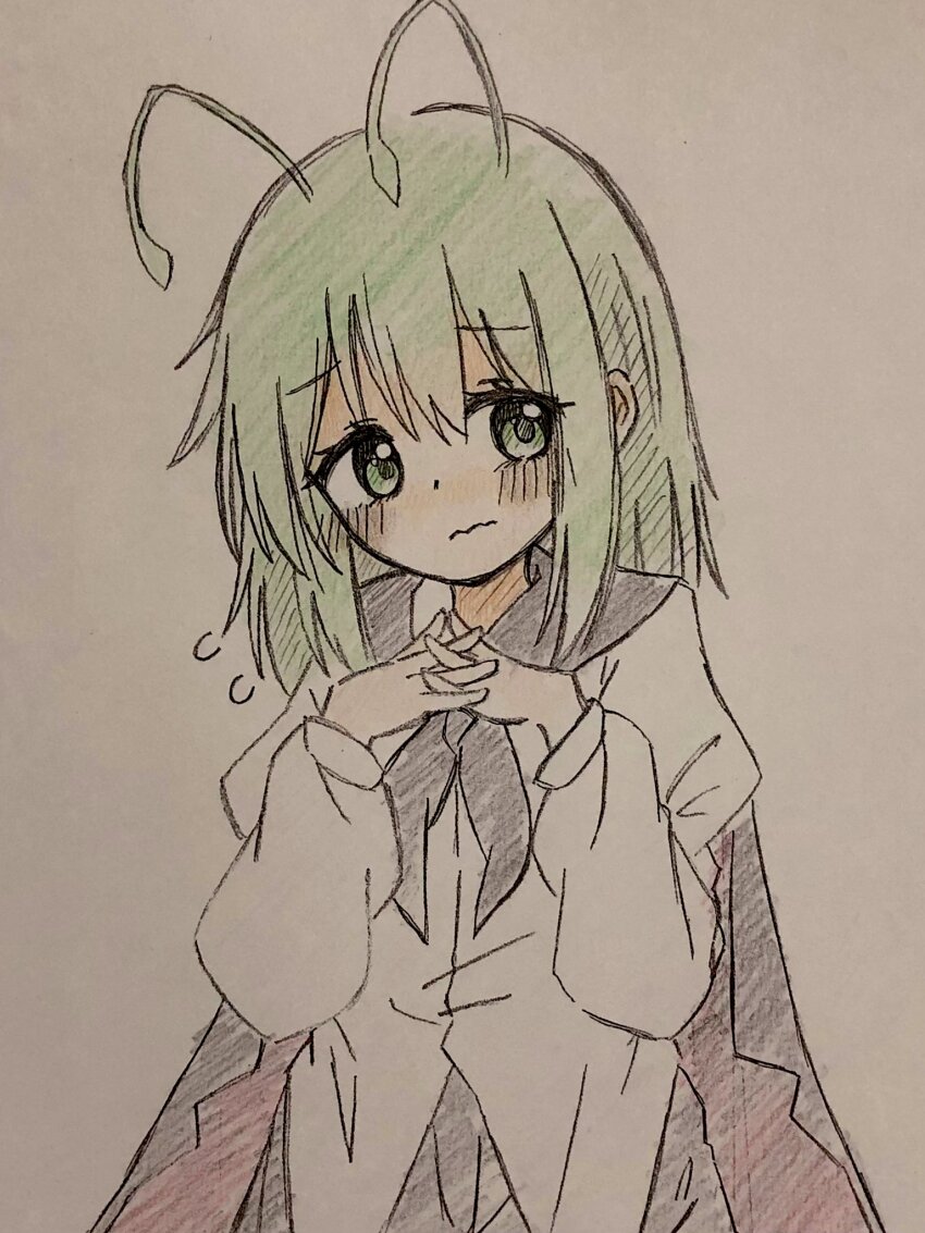 1girl antennae black_cape blush cape closed_mouth collared_shirt commentary flying_sweatdrops green_eyes green_hair highres interlocked_fingers long_sleeves own_hands_together red_cape shirt solo touhou traditional_media two-sided_cape two-sided_fabric wavy_mouth white_shirt wriggle_nightbug zeppachi