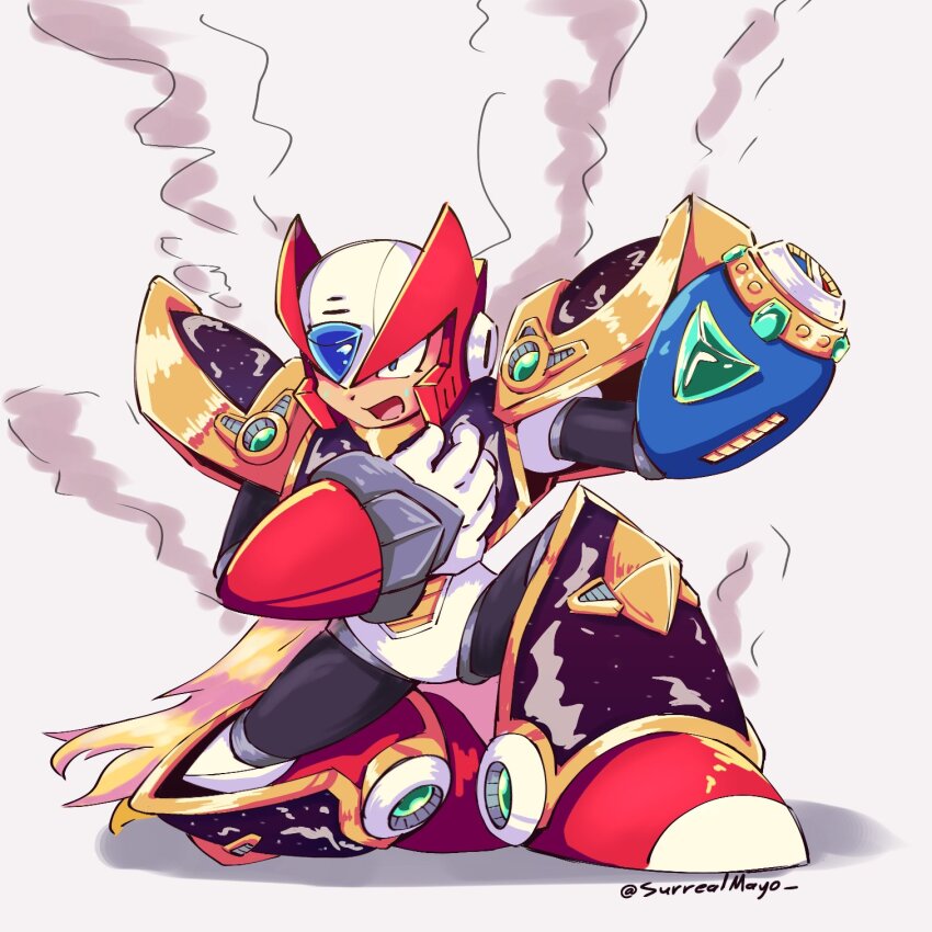 android arm_cannon armor black_armor blonde_hair commentary english_commentary forehead_jewel green_eyes hand_on_own_chest helmet highres kneeling long_hair male_focus mega_man_(series) mega_man_x_(series) red_helmet simple_background smoke surrealmason twitter_username weapon white_background zero_(mega_man)