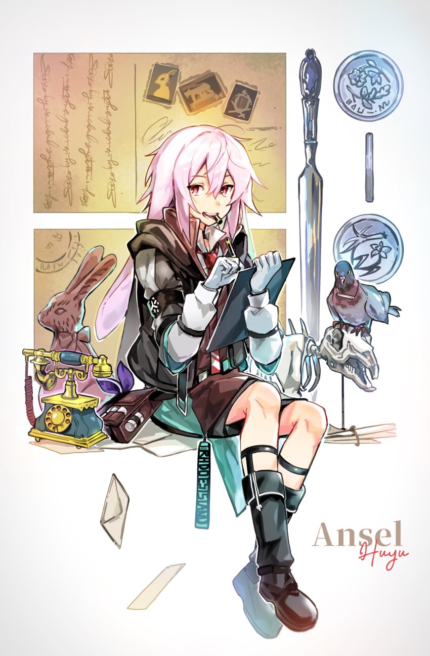 1boy absurdres animal_ears animal_skull ansel_(arknights) arknights bag bird black_boots black_coat boots brown_shorts brown_vest character_name chocolate_bunny clipboard coat collared_shirt commentary corded_phone full_body gloves highres holding holding_clipboard letter letter_opener long_sleeves looking_at_viewer male_focus necktie open_mouth pen phone pigeon pink_eyes pink_hair rabbit_boy rabbit_ears red_necktie shirt short_hair shorts sidelocks signature simple_background skull solo symbol-only_commentary thigh_boots vest wed_(lim38869577) white_background white_gloves white_shirt writing