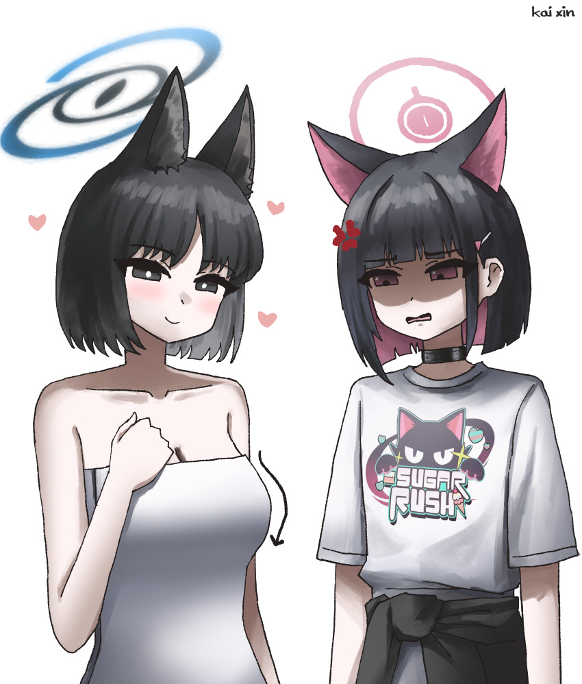 2girls absurdres anger_vein animal_ears artist_name black_choker black_eyes black_hair blue_archive blue_halo breast_envy breasts cat_ears choker cleavage collarbone colored_inner_animal_ears colored_inner_hair extra_ears hair_ornament hairclip halo heart highres kai_xin kazusa_(band)_(blue_archive) kazusa_(blue_archive) kikyou_(blue_archive) large_breasts looking_at_viewer multicolored_hair multiple_girls naked_towel official_alternate_costume open_mouth pink_hair pink_halo red_eyes shirt short_hair simple_background smile towel two-tone_hair upper_body white_background white_shirt