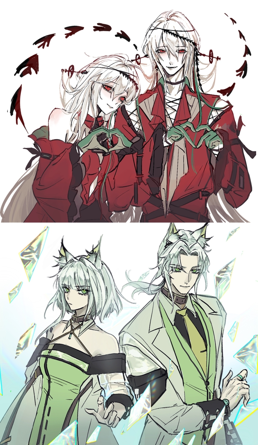 2boys 2girls aaa_shenmi_zuo_fan_ren absurdres animal_ears aqua_background arknights armband ascot bare_shoulders belt belt_collar black_armband black_ascot black_belt black_choker black_shirt blunt_bangs blush brown_collar cat_boy cat_ears cat_girl chinese_commentary choker closed_mouth clothing_cutout collar collarbone collared_shirt criss-cross_halter cross-laced_clothes cross-laced_cutout cross-laced_top curtained_hair detached_collar detached_sleeves dress dual_persona expressionless fish flying_fish four-finger_heart_hands genderswap genderswap_(ftm) gloves gradient_background green_dress green_eyes green_gloves green_vest hair_between_eyes hair_flowing_over hair_intakes hair_ornament hair_stick halter_dress halterneck head_on_another&#039;s_shoulder head_wreath heart heart_hands highres jacket jewelry kal&#039;tsit_(arknights) long_hair long_sleeves looking_at_viewer low_ponytail material_growth medium_hair multiple_boys multiple_girls navel_cutout necktie off-shoulder_jacket off_shoulder official_alternate_costume open_clothes open_jacket oripathy_lesion_(arknights) outstretched_hand pale_skin parted_bangs parted_lips ponytail red_dress red_eyes red_shirt ring see-through_clothes see-through_sleeves shards shirt short_hair shoulder_cutout side-by-side sidelocks sideways_glance simple_background skadi_(arknights) skadi_the_corrupting_heart_(arknights) sleeve_cuffs sleeveless sleeveless_dress smile split_screen tie_clip very_long_hair vest white_background white_hair white_jacket yellow_necktie