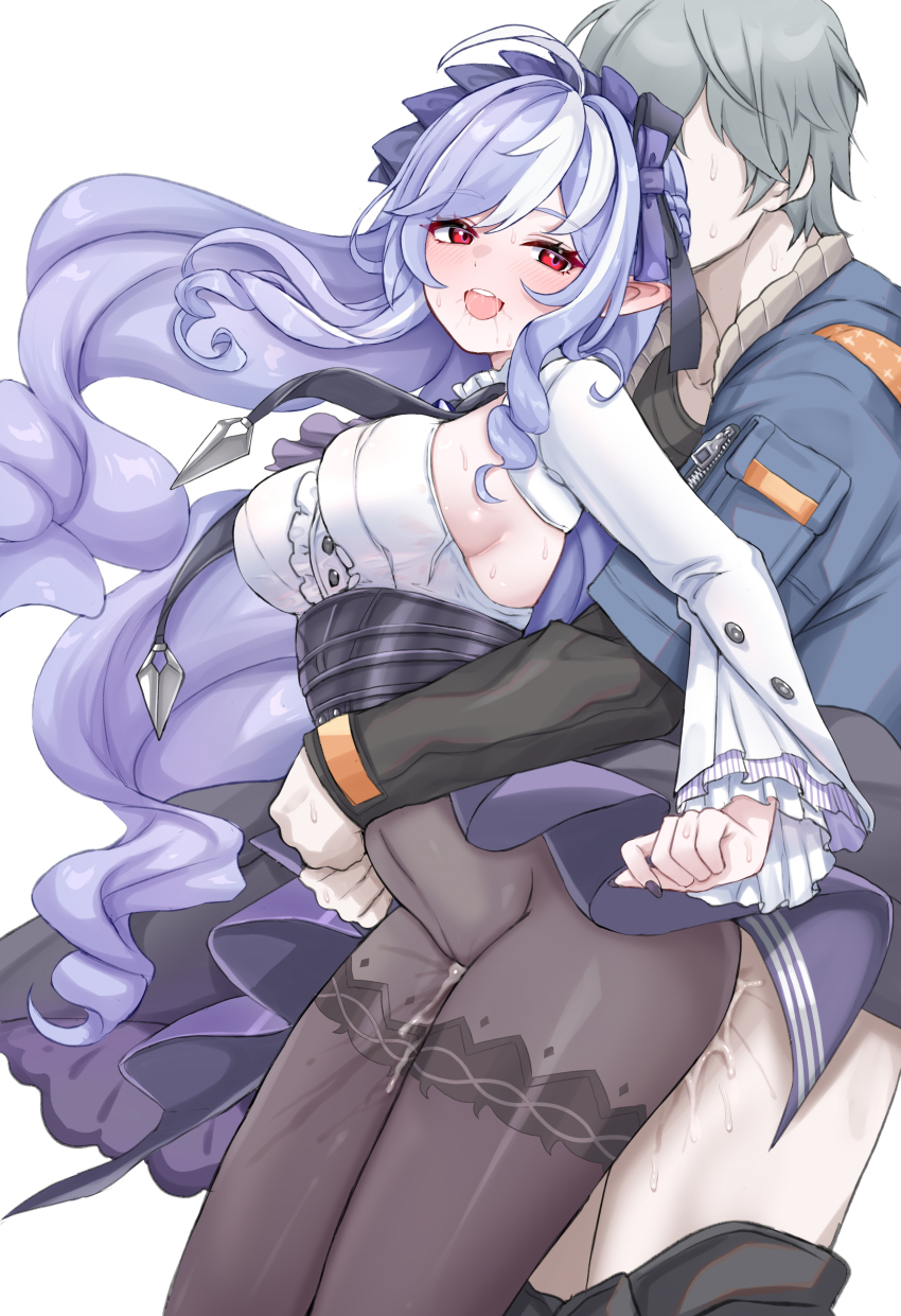 1boy 1girl absurdres afterglow ahoge black_pantyhose black_shirt blue_jacket blush bow breasts center_frills clothed_sex commentary couple cum daram_(shappydude) denim denim_jacket dress frills grey_hair hair_bow hetero high-waist_skirt highres hug hug_from_behind jacket large_breasts large_variant_set long_sleeves looking_at_viewer mole mole_under_eye multicolored_hair open_mouth pantyhose patterned_legwear pointy_ears purple_bow purple_eyes purple_hair purple_skirt red_eyes revision sex sex_from_behind shirt short_hair showgirl_skirt sideboob simple_background skirt smile streaked_hair teeth two-tone_hair underbust upper_teeth_only variant_set vivian_banshee white_background white_hair white_shirt wise_(zenless_zone_zero) zenless_zone_zero