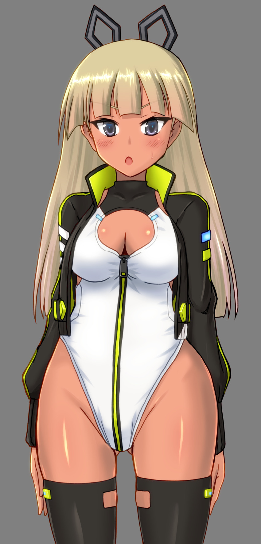 1girl absurdres alice_gear_aegis araime_yasuri black_jacket black_thighhighs blonde_hair blue_eyes blunt_bangs circle_cutout cleavage_cutout clothing_cutout companion/af covered_collarbone dark-skinned_female dark_skin front_zipper full-length_zipper gluteal_fold grey_background heattech_leotard highleg highleg_leotard highres jacket leotard long_hair mizuno_sasuga multicolored_leotard race_queen simple_background sleeveless_turtleneck_leotard solo standing thighhighs turtleneck two-tone_leotard white_leotard zipper zipper_leotard zipper_pull_tab