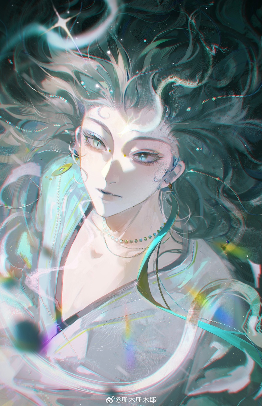 1boy absurdres artist_name bare_pectorals beads blurry chromatic_aberration coin earrings eyelashes fang floating_hair green_eyes green_hair heterochromia highres jewelry lips long_hair looking_at_viewer male_focus necklace original parted_lips pectorals shirt smusmuye solo solo_focus sparkle watermark weibo_watermark