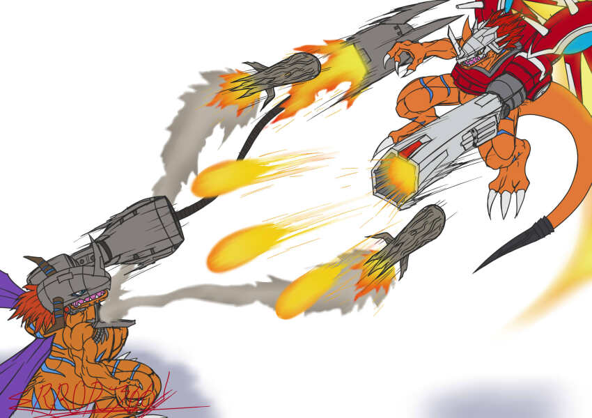 claw_pose claws cyborg digimon digimon_(creature) dinosaur errork03 fighting firing gun handgun highres holding holding_gun holding_weapon metalgreymon missile revolver rizegreymon rocket_launcher signature weapon white_background