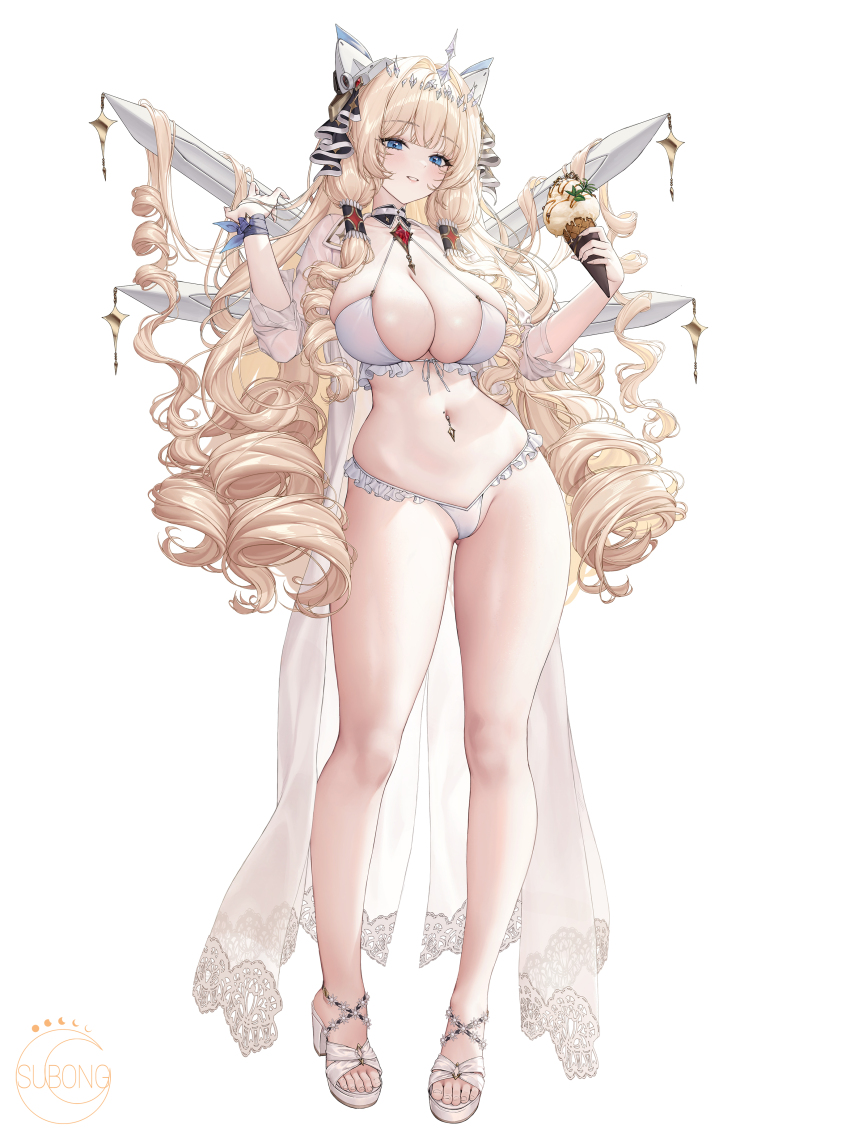 1girl absurdres animal_ears artist_name bikini blonde_hair blue_eyes blush breasts cleavage commentary crown_(nikke) drill_hair fake_animal_ears food frilled_bikini frills full_body goddess_of_victory:_nikke halterneck hands_up headgear highres holding holding_food holding_ice_cream holding_ice_cream_cone ice_cream ice_cream_cone large_breasts long_hair looking_at_viewer mechanical_ears multiple_scoops navel_piercing piercing sandals simple_background skindentation smile solo standing subong swimsuit thighs toes too_many_drills very_long_hair white_background white_bikini white_sandals