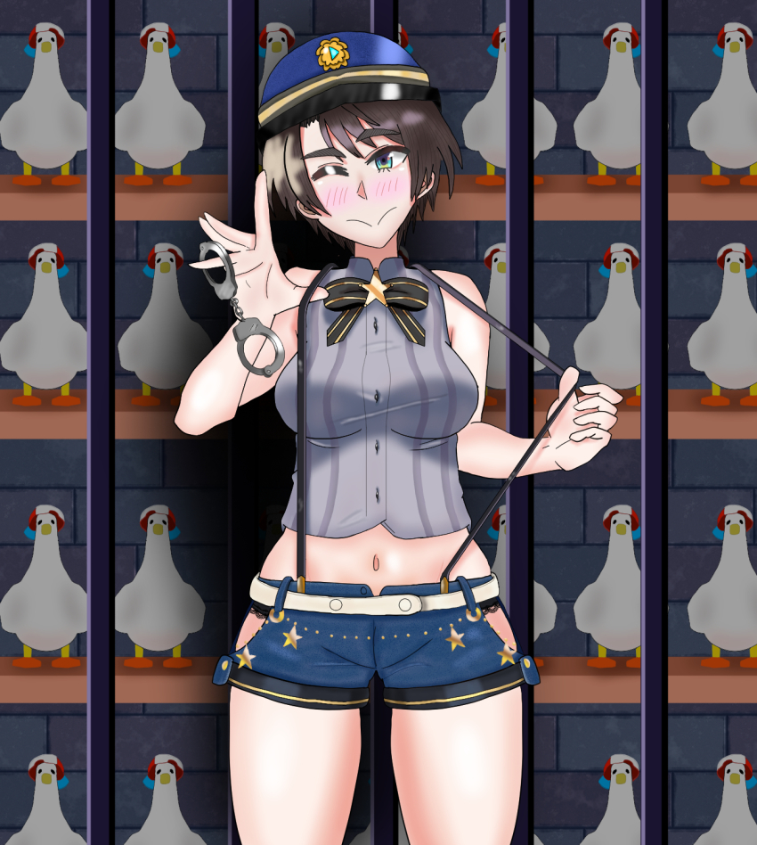 bird black_hair boyish brown_hair cuffs duck duckling ducks eddarxart grey_shirt handcuff handcuff_dangle handcuffs hat highres hololive midriff navel one_eye_closed oozora_subaru panties panties_peek police police_hat police_uniform policewoman prison prison_cell prisoner ribbon shirt short_shorts shorts smile streamer suspenders suspenders_pull thick_thighs thighs tomboy underwear virtual_youtuber wink