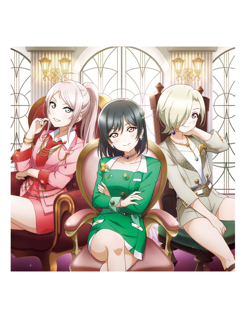 3girls ahoge artbook belt blonde_hair blue_eyes chair crossed_arms crossed_legs earrings formal_clothes green_hair hair_over_one_eye highres jacket jewelry long_hair looking_at_viewer love_live! love_live!_nijigasaki_high_school_idol_club mia_taylor mifune_shioriko multiple_girls necklace necktie non-web_source official_art pink_hair ponytail purple_eyes red_eyes red_necktie short_hair sitting skirt smile suit swept_bangs zhong_lanzhu