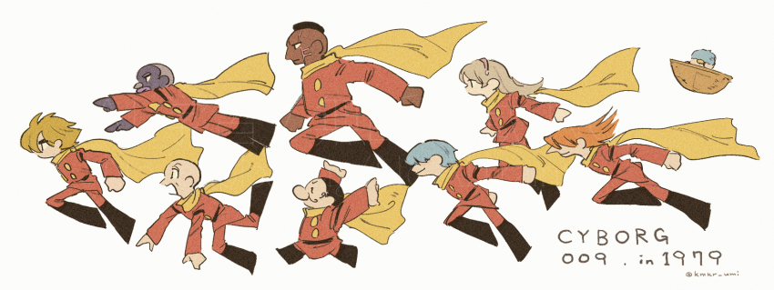 1girl albert_heinrich black_boots blonde_hair boots chang_changku coat cyborg cyborg_009 francoise_arnoul full_body geronimo_jr great_britain_(cyborg_009) highres ivan_whisky jet_link kmkr_umi long_hair pyunma red_coat scarf shimamura_joe short_hair yellow_scarf