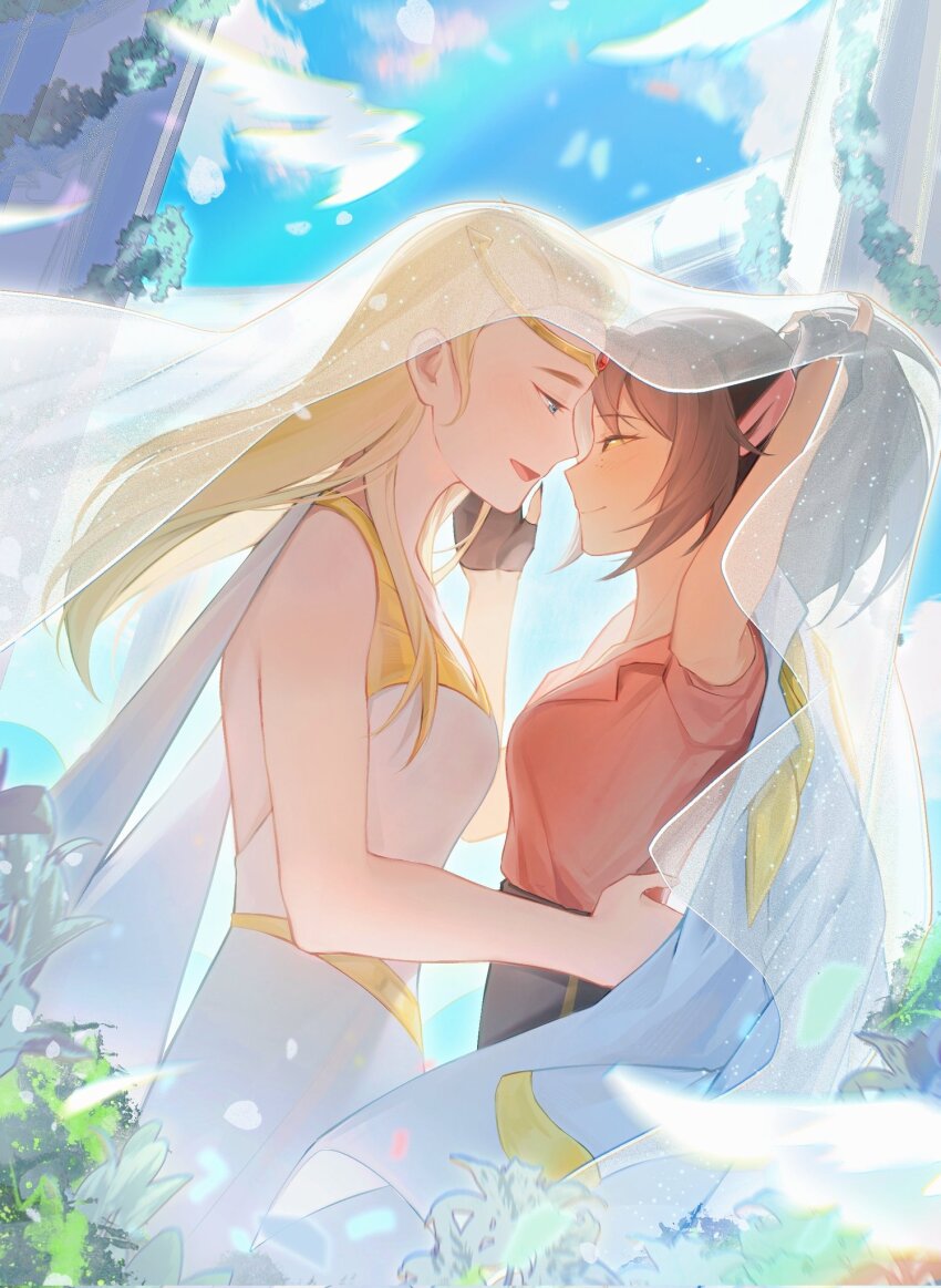 2girls adora_(she-ra) animal_ears arm_around_waist cat_ears cat_girl catra chromatic_aberration couple dress fingerless_gloves gloves hand_on_another&#039;s_face highres masters_of_the_universe multiple_girls she-ra_and_the_princesses_of_power sleeveless sleeveless_dress smile veil youliqy yuri