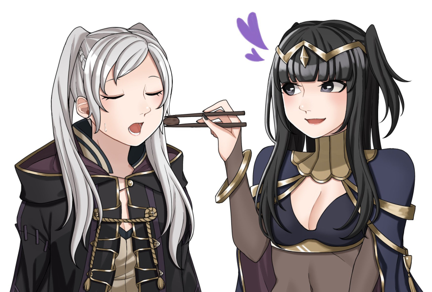 2girls ao_saryaruhu armlet arms_at_sides black_bra black_eyes black_hair black_nails blush bodysuit bra bracelet breasts brown_eyes chopsticks cleavage clenched_hand cloak closed_eyes collar collarbone eyelashes feeding female_focus female_robin_(fire_emblem) fingernails fire_emblem fire_emblem_awakening hand_up happy heart highres hime_cut holding holding_chopsticks hood hooded_coat jewelry large_breasts long_hair long_sleeves looking_at_another lots_of_jewelry medium_breasts multiple_girls nail_polish navel neck nervous_sweating nintendo open_mouth see-through_bodysuit see-through_clothes shirt short_twintails sidelocks simple_background sleeveless sleeveless_shirt smile standing stomach sweat swept_bangs tharja_(fire_emblem) tiara twintails underwear upper_body white_background white_hair yuri