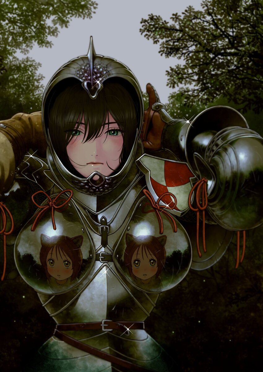 2girls absurdres animal_ears black_hair breasts brown_hair cat_ears cat_girl green_eyes highres knight large_breasts multiple_girls open_mouth original reflection shiny_clothes turbo_engine_(rakugaki_tabo)