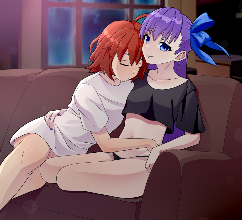 2girls absurdres amputee black_panties black_shirt bow collarbone couch couple fate/grand_order fate_(series) female_focus fujimaru_ritsuka_(female) full_body hair_ribbon highres hug hugging_partner meltryllis_(fate) multiple_girls nail_polish navel orange_hair oversized_clothes oversized_shirt panties purple_hair purple_nail_polish purple_nails ribbon shirt sitting sleeping sleeping_on_person sleeping_upright smile underwear white_shirt yuri