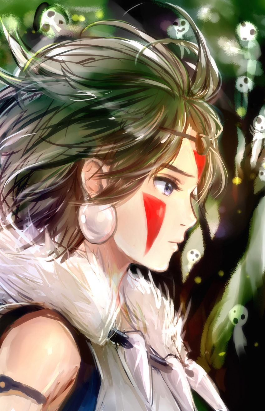1girl black_hair blue_eyes cape centimetre earrings expressionless facepaint from_side fur_cape highres jewelry mononoke_hime necklace portrait san_(mononoke_hime) solo tooth_necklace