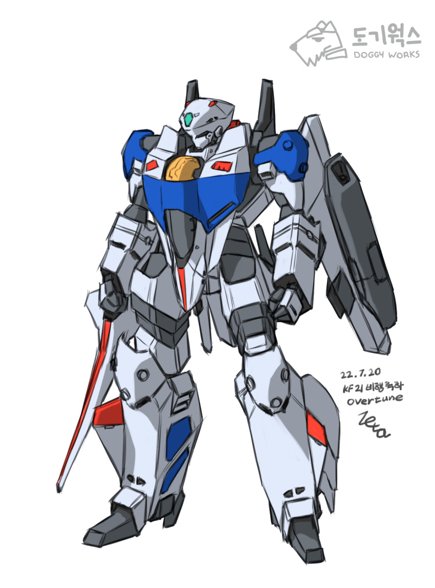 2022 battroid colored_lineart dated dog gunpod highres korean_commentary korean_text logo macross macross_2 mecha mecha_focus mixed-language_text n.u.n.s. no_humans robot va-1ss white_background z006