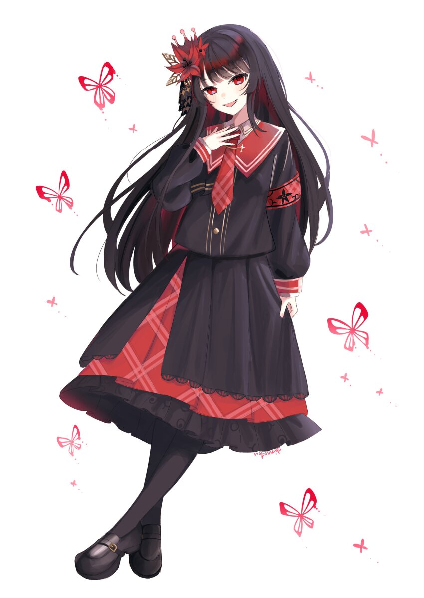 1girl absurdres armband black_hair black_pantyhose black_shoes black_skirt bug butterfly flower frilled_skirt frills full_body hair_flower hair_ornament hand_on_own_chest hand_up highres insect loafers long_hair long_sleeves looking_at_viewer mahou_shoujo_no_majo_saiban necktie nikaido_hiro open_mouth pantyhose pleated_skirt red_armband red_butterfly red_eyes red_flower red_necktie shinnatsu shoes simple_background skirt smile solo standing white_background