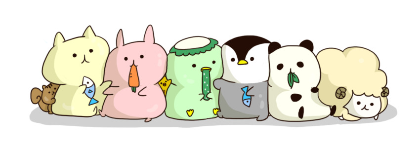 animal animal_focus baby_animal carrot cat chiisanpo62 commentary_request cucumber eating fish food holding holding_animal holding_fish holding_food holding_vegetable kappa leaf no_humans original panda penguin penguin_chick rabbit shadow sheep simple_background squirrel vegetable white_background