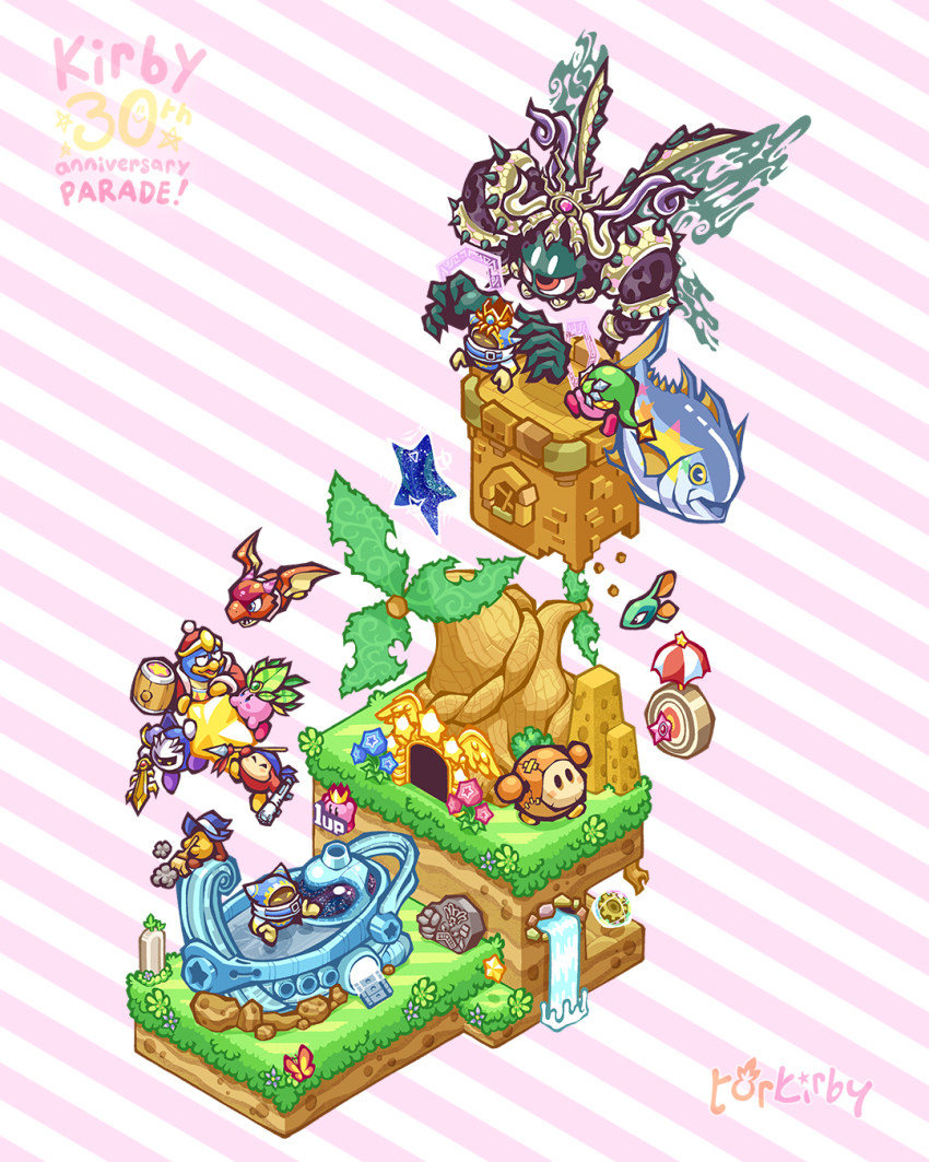 1up animal anniversary artist_name bandana bandana_waddle_dee blue_bandana blue_flower blue_hat blush blush_stickers broom broom_hatter bug butterfly cerulean_(kirby) character_name closed_eyes copy_ability copyright_name crown dragon dust energy_sphere_(kirby) english_text fish floating flower flying galaxia_(sword) grass green_flower green_hat hammer hat highres holding holding_animal holding_broom holding_fish holding_hammer holding_polearm holding_sword holding_weapon insect king_dedede kirby kirby&#039;s_return_to_dream_land kirby_(series) landia leaf_kirby magolor magolor_soul mask master_crown meta_knight morpho_knight_(butterfly) nintendo no_humans open_mouth polearm portal_(object) puppet_waddle_dee rayman_limbs red_eyes red_hat rock sharp_teeth spear star_(symbol) stone_kirby striped_background sword sword_kirby target teeth torkirby tree two-tone_background ultra_sword_kirby umbrella warp_star water waterfall weapon wham_bam_rock