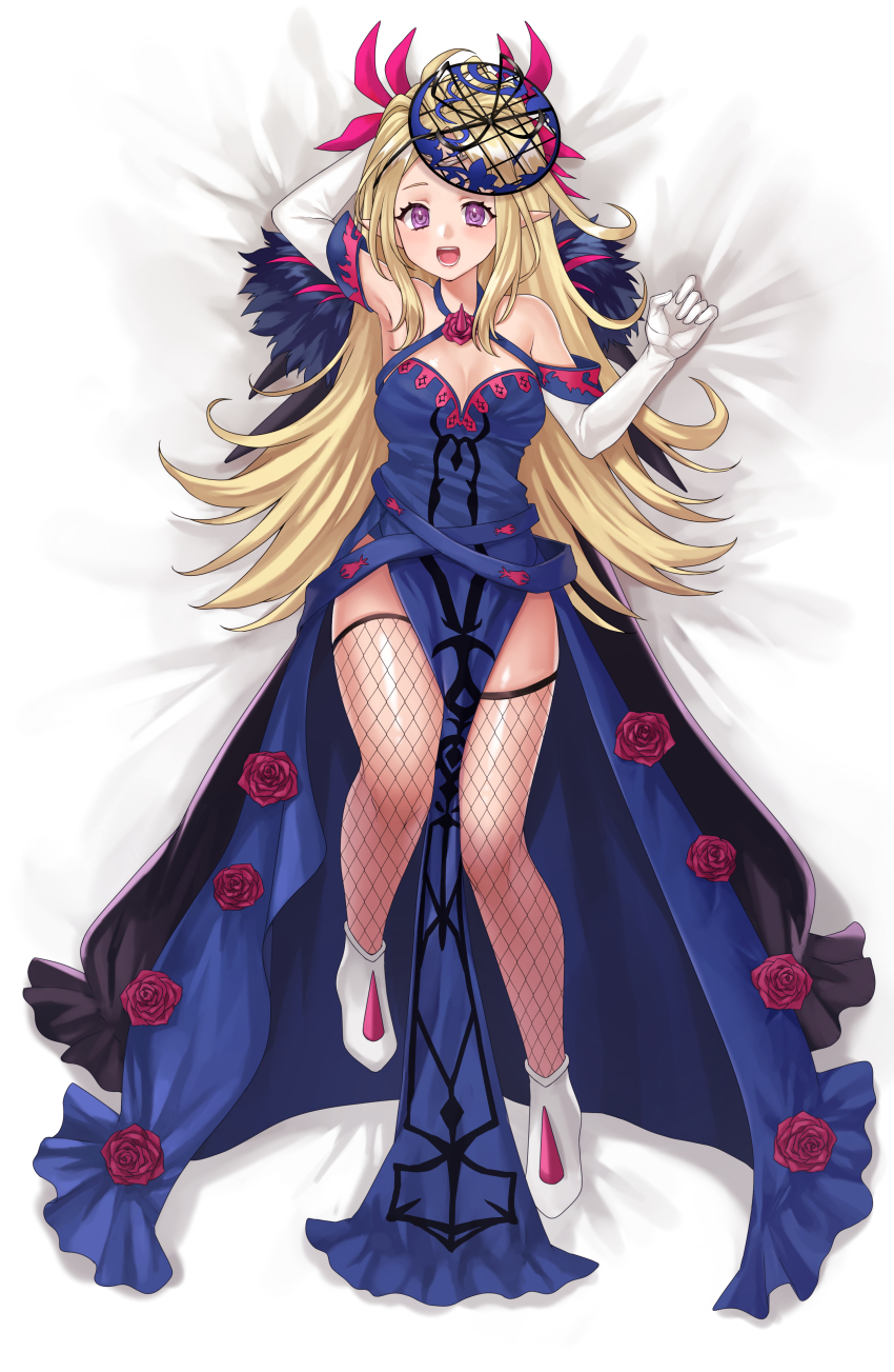 1girl :d absurdres alternate_costume arm_up armpits bare_shoulders blonde_hair blue_dress breasts cleavage cosplay criss-cross_halter detached_sleeves dress elbow_gloves fire_emblem fire_emblem_awakening fire_emblem_engage fishnet_thighhighs fishnets gloves halterneck hazuki_(nyorosuke) highres ivy_(fire_emblem) ivy_(fire_emblem)_(cosplay) long_hair looking_at_viewer nintendo nowi_(fire_emblem) open_mouth pelvic_curtain pointy_ears purple_eyes shoes short_sleeves small_breasts smile solo thighhighs thighs very_long_hair white_gloves white_shoes