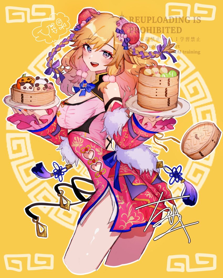 1girl b9-n3 bamboo_steamer bare_legs blonde_hair blush braid breasts china_dress chinese_clothes clothing_cutout commentary_request cropped_legs double_bun dress fingernails food hair_bun heart_cutout highres holding_bamboo_steamer idolmaster idolmaster_cinderella_girls idolmaster_cinderella_girls_starlight_stage long_hair looking_at_viewer looking_to_the_side medium_breasts nail_polish official_alternate_costume ohtsuki_yui outline red_dress side_cutout signature smile solo steamed_bun twin_braids two_side_up very_long_hair watermark white_outline