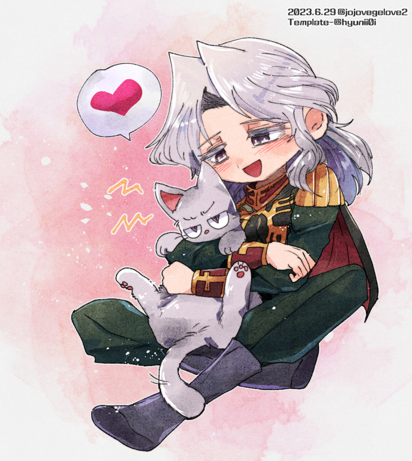 1boy :d anavel_gato animal blush boots cape cat commentary dated epaulettes full_body green_cape green_jacket green_pants grey_boots grey_cat grey_hair gundam gundam_0083 heart high_collar highres holding holding_animal holding_cat indian_style ing&#039;yeo_soyeo jacket long_hair long_sleeves male_focus medium_hair military_uniform open_mouth pants pink_background purple_eyes simple_background sitting smile solo speech_bubble spoken_heart symbol-only_commentary watercolor_background white_background