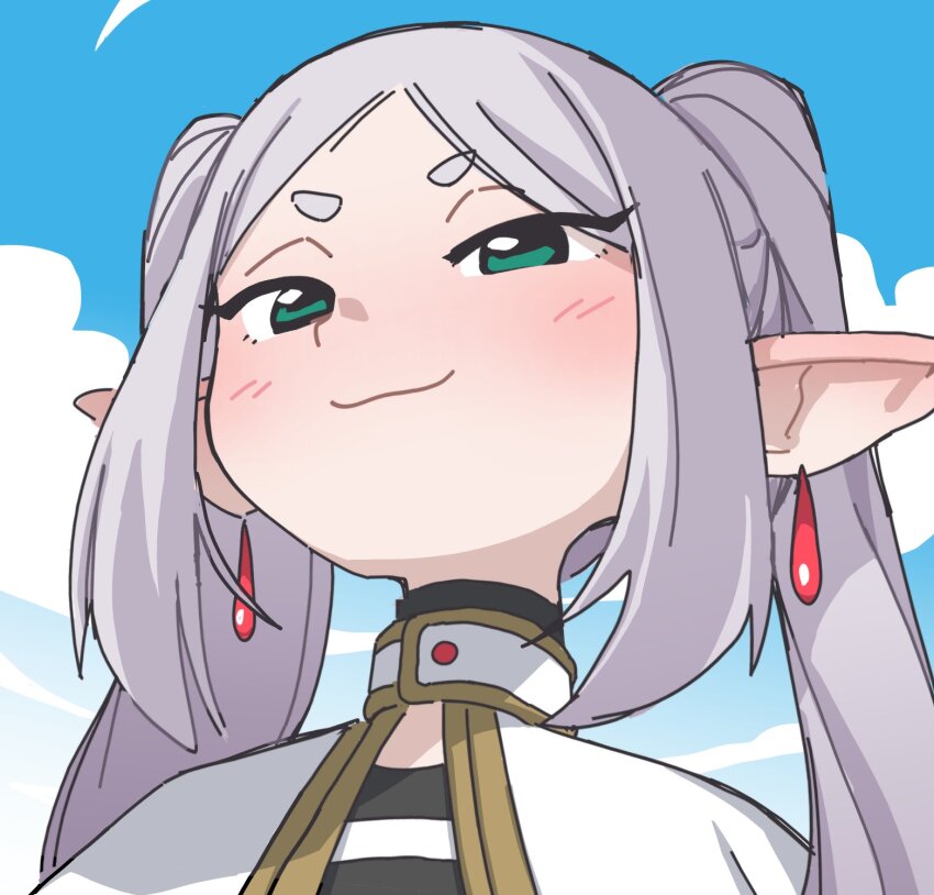 1girl blue_sky capelet earrings elf frieren gold_trim green_eyes grey_hair head_back highres jewelry long_pointy_ears looking_at_viewer meme orenjipiiru parted_bangs pointy_ears shirt sky smug solo sousou_no_frieren striped_clothes striped_shirt teardrop_earrings thick_eyebrows twintails upper_body upward_angle_frieren_drawing_(meme) v-shaped_eyebrows white_capelet