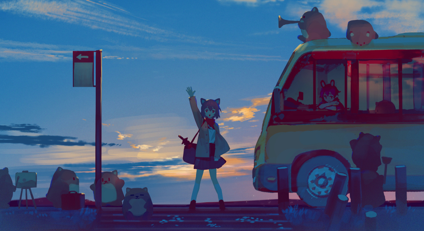 2girls :d animal animal_ears arm_up black_footwear black_skirt blue_sky brown_hair brown_jacket bus bus_stop bus_stop_sign character_request check_character cloud hair_between_eyes highres holding holding_instrument instrument jacket kneehighs motor_vehicle mr.quin multiple_girls neee-t open_clothes open_jacket open_mouth original outdoors pleated_skirt plunger red_eyes shirt short_hair skirt sky smile socks trumpet white_shirt white_socks