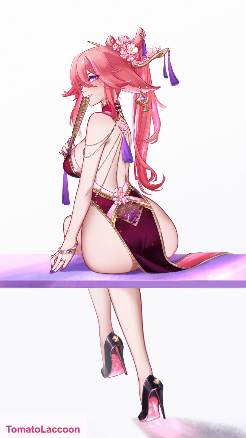 1girl alternate_costume ass backless_dress backless_outfit bracelet breasts china_dress chinese_clothes clenched_teeth crossed_legs dress genshin_impact hair_ornament hand_fan high_heels highres holding holding_fan jewelry large_breasts lipstick looking_at_viewer looking_back makeup median_furrow patent_heels pelvic_curtain pink_hair pumps purple_eyes purple_nails red_dress red_soles shoes sitting solo stiletto_heels teeth tomatolaccoon yae_miko