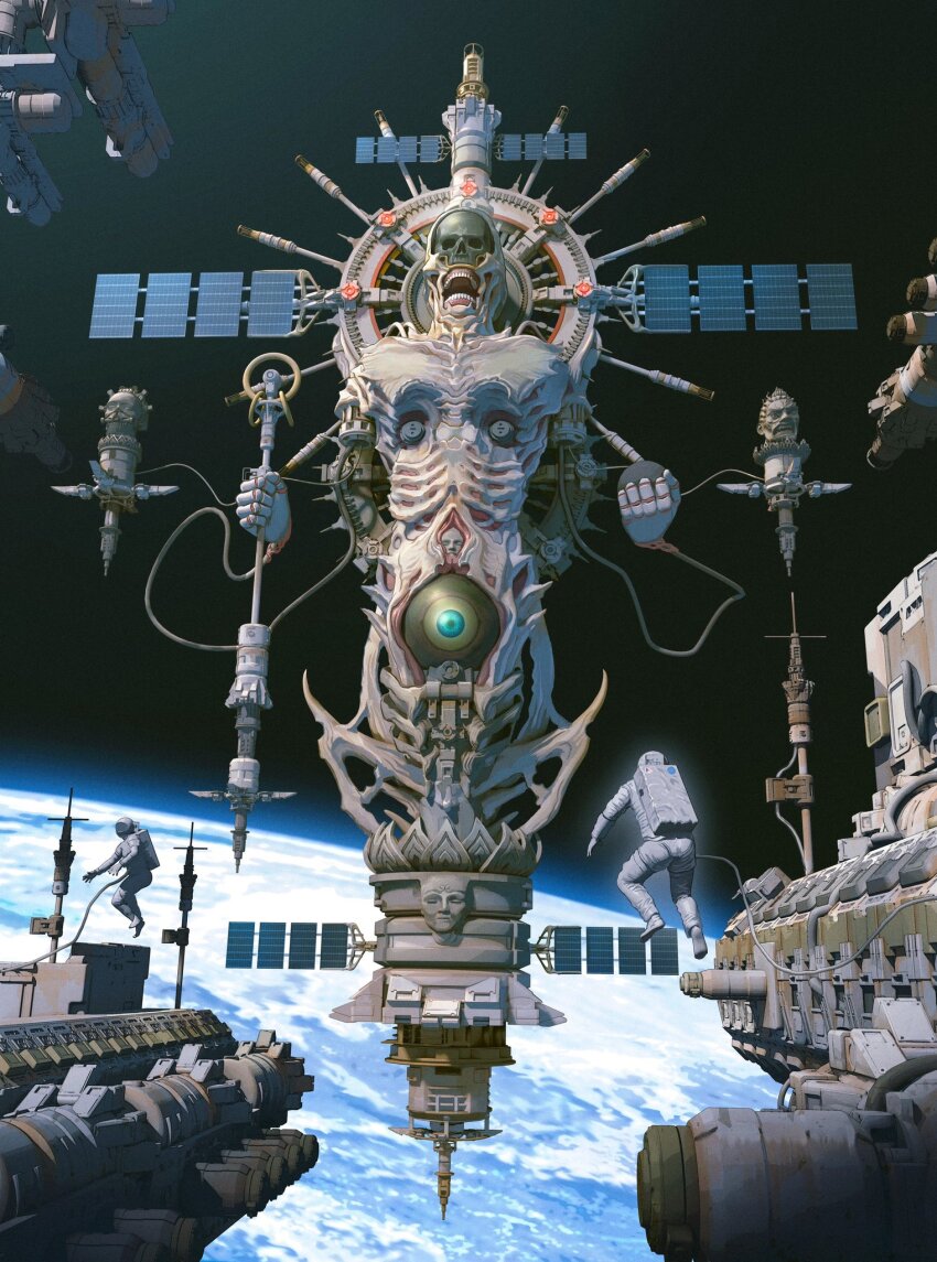 2others ambiguous_gender commentary earth_(planet) eyeball giant giant_monster halo highres holding holding_staff kiginobiru_(hayapi) lotus_pedestal monster multiple_others open_mouth original planet ribs satellite shakujou skull solar_panel space space_station spacesuit staff statue wide_shot