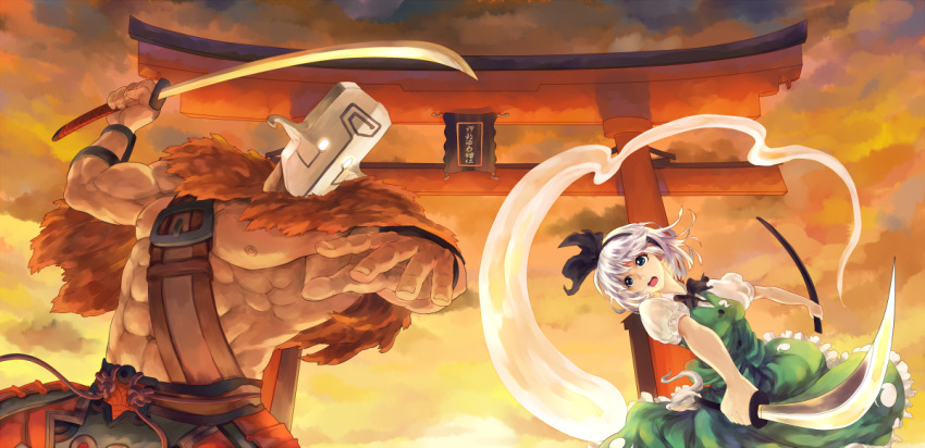 1boy 1girl abs black_bow black_bowtie bow bowtie cape cloud cloudy_sky crossover dom-dozz dota_(series) dota_2 dress fur_cape gauntlets ghost green_dress green_eyes headband holding holding_sword holding_weapon juggernaut_(dota) katana konpaku_youmu looking_at_another mask nipples open_mouth pinafore_dress sheath short_hair short_sleeves sky sleeveless_dress sunset sword teeth touhou weapon white_hair