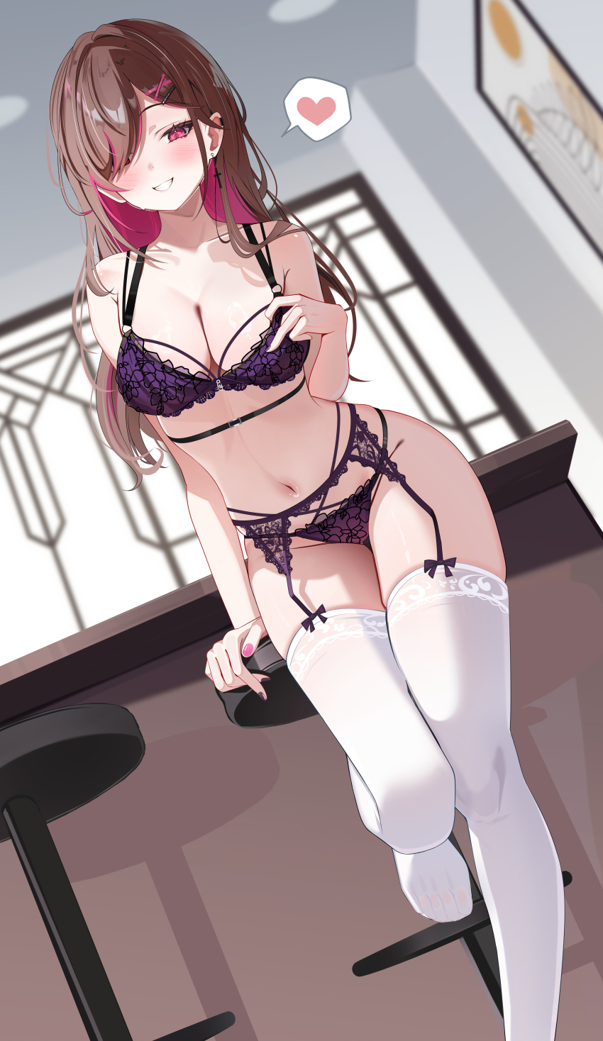 1girl absurdres arm_support bar_stool blush bra breasts brown_hair cleavage collarbone colored_inner_hair commentary_request commission cross cross_earrings dutch_angle earrings fingernails grin groin hair_over_one_eye has_bad_revision heart highres hoiting_(vtuber) indie_virtual_youtuber indoors jewelry looking_at_viewer md5_mismatch medium_breasts multicolored_hair nail_polish navel panties pink_hair purple_bra purple_garter_belt purple_panties sikimosh skeb_commission smile solo spoken_heart stomach stool thighhighs two-tone_hair underwear underwear_only virtual_youtuber white_thighhighs