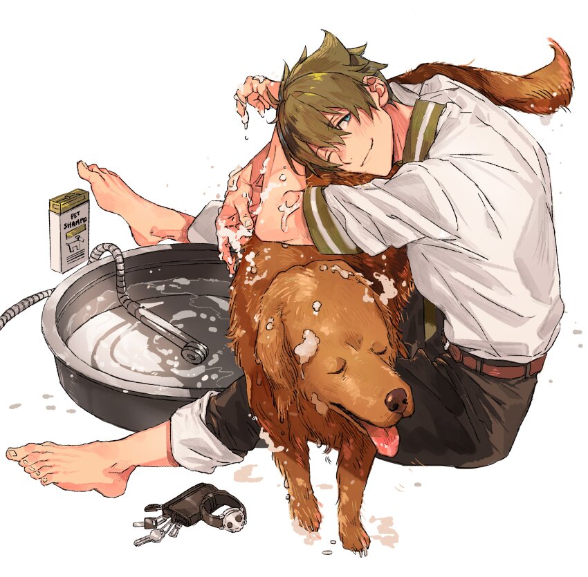 1boy absurdres barefoot basin belt black_pants blonde_hair blue_eyes blush brown_belt closed_mouth commentary_request dog foam full_body golden_retriever hair_between_eyes highres idolmaster idolmaster_side-m kashiwagi_tsubasa key looking_at_viewer male_focus nana_tetra one_eye_closed pants pants_rolled_up shampoo shirt short_hair shower_head simple_background sitting smile solo washing_animal water white_background white_shirt