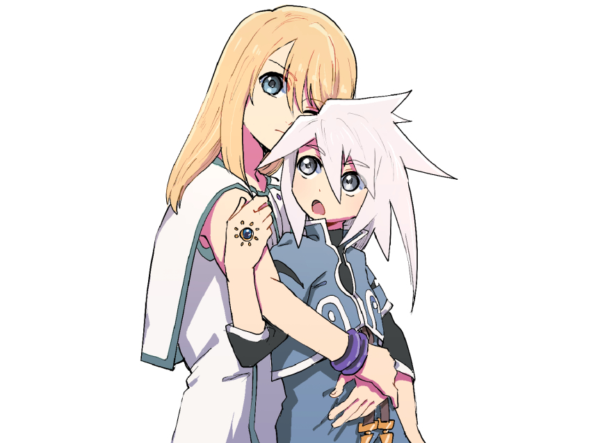 2boys azuma_yukihiko blonde_hair blue_eyes bracelet gem genius_sage highres hug hug_from_behind jewelry looking_at_another looking_at_viewer medium_hair mithos_yggdrasill multiple_boys open_mouth short_sleeves tales_of_(series) tales_of_symphonia trap white_hair yaoi