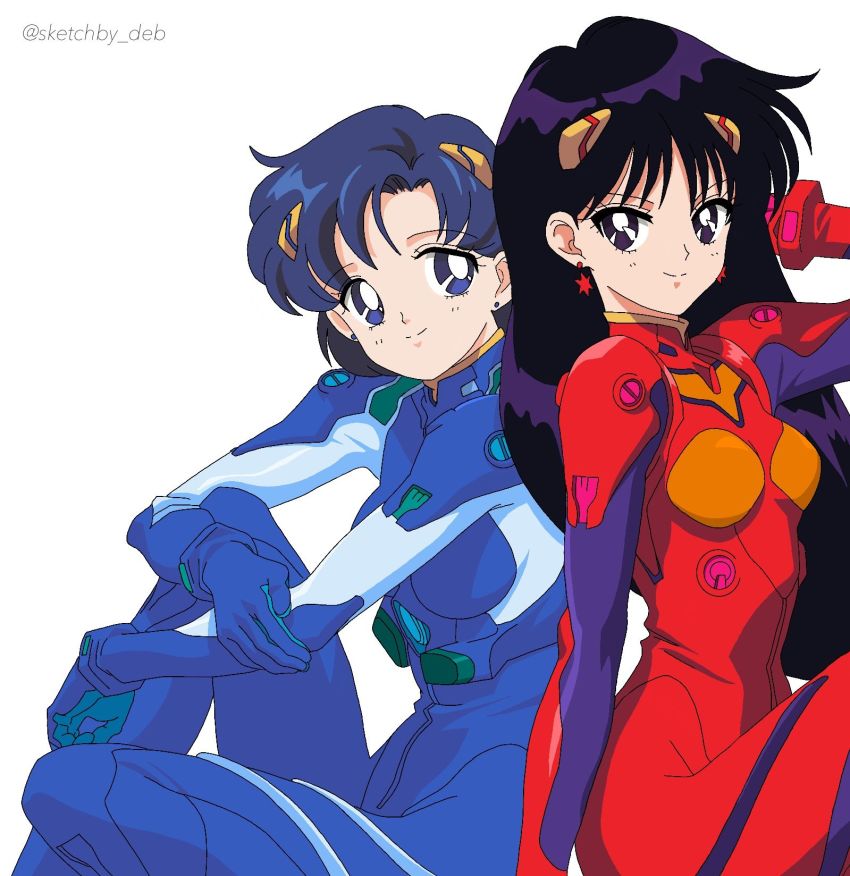 2girls bishoujo_senshi_sailor_moon blue_eyes blue_hair cosplay highres hino_rei mecha_pilot_suit mizuno_ami multiple_girls neon_genesis_evangelion plugsuit_(cosplay) plugsuit_(evangelion) sailor_mars sailor_mercury tagme white_background