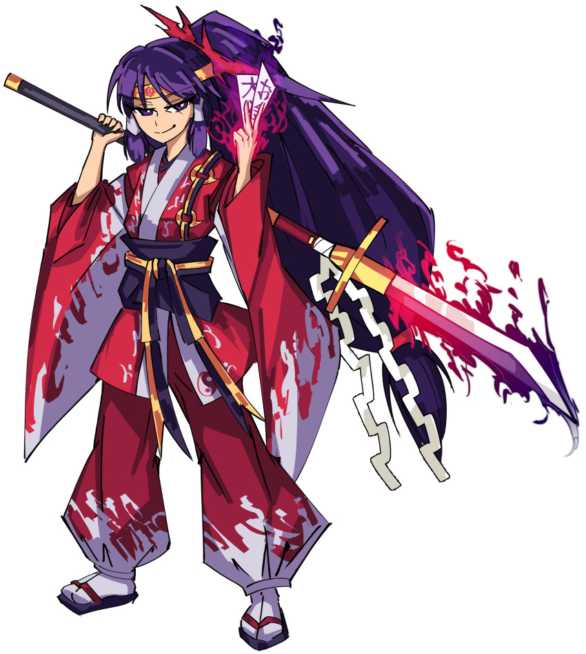 1girl absurdres hair_tubes hakama hakurei_reimu hakurei_reimu_(pc-98) headband highres holding holding_weapon japanese_clothes jongk_ok long_hair ofuda orb purple_eyes purple_hair solo touhou touhou_(pc-98) transparent_background very_long_hair weapon yellow_headband yin_yang yin_yang_orb