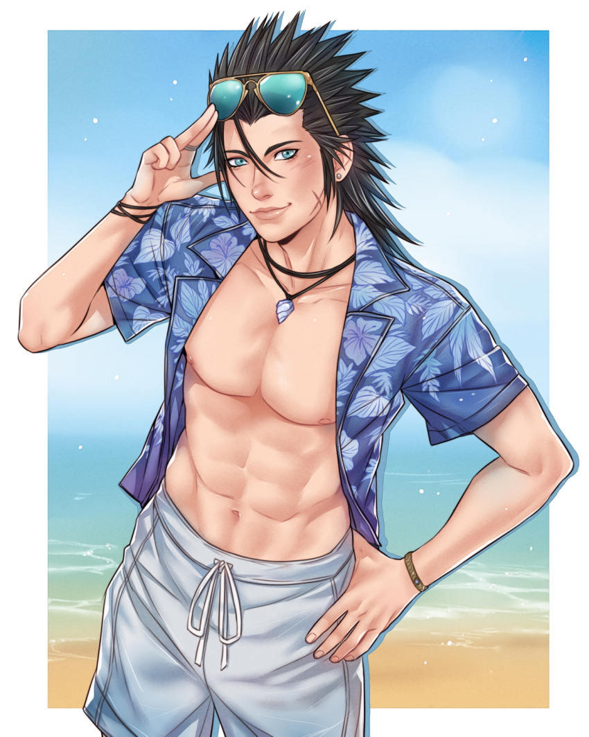 1boy abs beach black_hair blue_eyes blue_shirt blue_sky border bracelet closed_mouth commentary cowboy_shot cross_scar crylin6 english_commentary eyewear_on_head facial_scar final_fantasy final_fantasy_vii final_fantasy_vii_ever_crisis floral_print grey_shorts hand_on_own_hip highres jewelry lips looking_at_viewer male_focus male_swimwear necklace official_alternate_costume open_clothes open_shirt outdoors outside_border pectorals print_shirt sand scar scar_on_cheek scar_on_face shirt shorts sky solo spiked_hair summer sunglasses toned toned_male white_border zack_fair