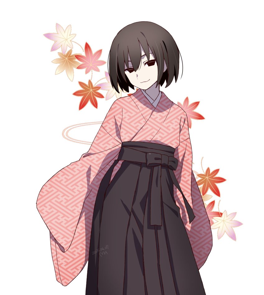 1girl :3 absurdres artist_name black_eyes black_hair black_hakama black_skirt bob_cut breasts closed_mouth commentary dated feet_out_of_frame hair_between_eyes hakama hakama_skirt head_tilt highres initial japanese_clothes juban kimono leaf loose_hair_strand manimani_(mani_ma) maple_leaf monogatari_(series) narrowed_eyes oshino_ougi pale_skin pink_kimono print_kimono red_leaf short_hair signature simple_background skirt sleeves_past_fingers sleeves_past_wrists small_breasts smile smug solo standing symbol-only_commentary turning_head unmoving_pattern very_long_sleeves white_background wide_sleeves
