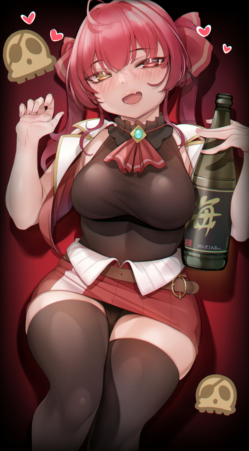 1girl absurdres ahoge ascot bababababan belt black_choker black_leotard black_thighhighs blush bottle breasts brooch brown_belt choker cropped_vest fang frilled_choker frills heart heterochromia highres holding holding_bottle hololive houshou_marine houshou_marine_(1st_costume) jewelry large_breasts leotard leotard_under_clothes long_hair looking_at_viewer miniskirt open_clothes open_mouth open_vest red_ascot red_eyes red_hair red_skirt red_vest see-through_clothes see-through_leotard skin_fang skirt solo thighhighs thighs twintails vest virtual_youtuber white_skirt yellow_eyes