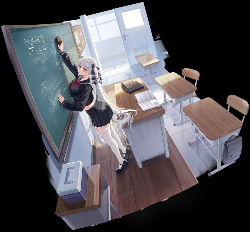 1girl absurdly_long_hair absurdres azur_lane bag black_bow black_footwear black_sailor_collar black_serafuku black_skirt board_eraser book bow breasts byulzzi chalk chalkboard classroom eraser formidable_(azur_lane) formidable_(the_lover&#039;s_heart_flutters_on_duty)_(azur_lane) full_body grey_hair hair_bow hair_spread_out highres indoors large_breasts loafers long_hair long_sleeves looking_at_viewer neckerchief non-web_source official_alternate_costume official_art open_book pleated_skirt red_eyes red_neckerchief sailor_collar school_bag school_uniform serafuku shoes skirt table thighhighs tiptoes twintails very_long_hair white_thighhighs