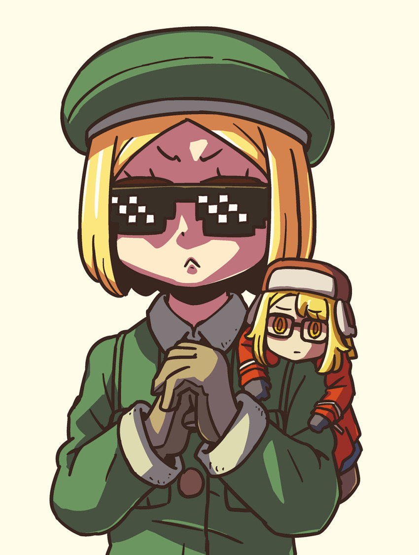 2girls angry blonde_hair blush coat fate/grand_order fate_(series) fur_hat glasses green_coat green_jacket hat highres jacket learning_with_manga!_fgo looking_at_viewer multiple_girls official_art pantyhose paul_bunyan_(fate) riyo_(lyomsnpmp) short_hair super_bunyan_(fate)