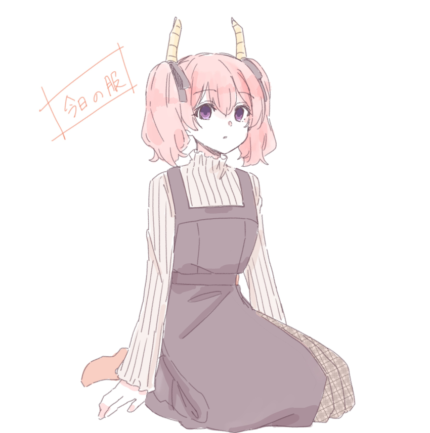 1girl absurdres black_bow black_dress bow brown_shirt brown_shoes demon_horns dress full_body hair_between_eyes hair_bow highres horns linie_(sousou_no_frieren) looking_at_viewer parted_lips pink_hair pleated_dress purple_eyes ribbed_shirt seila_rei seiza shirt shoes simple_background sitting sleeveless sleeveless_dress solo sousou_no_frieren translation_request twintails white_background