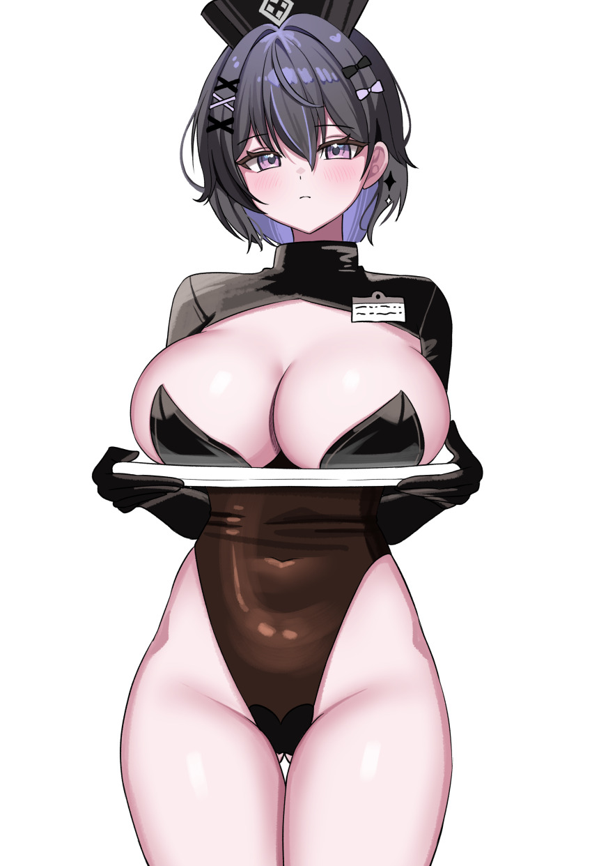 1girl absurdres black_gloves black_hair black_hat black_shrug breast_rest breasts brown_leotard cleavage closed_mouth colored_inner_hair commission covered_navel cowboy_shot gloves gluteal_fold hat highleg highleg_leotard highres large_breasts leotard looking_at_viewer multicolored_hair original pink_eyes short_hair shrug_(clothing) solo strapless strapless_leotard streaked_hair suisen_(suisenhwa) thigh_gap thighs tray