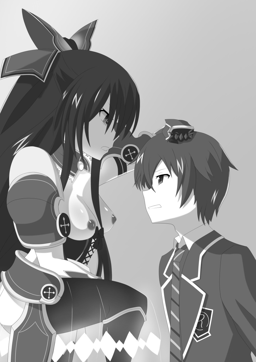 1boy 1girl armor bad_tag bow breasts breasts_out collar corset gauntlets grabbing_another&#039;s_hair grey_background greyscale holding_another&#039;s_hair long_hair medium_breasts monochrome nipples on_one_knee pauldrons ribbon school_uniform shoulder_armor skirt small_breasts transparent_skirt