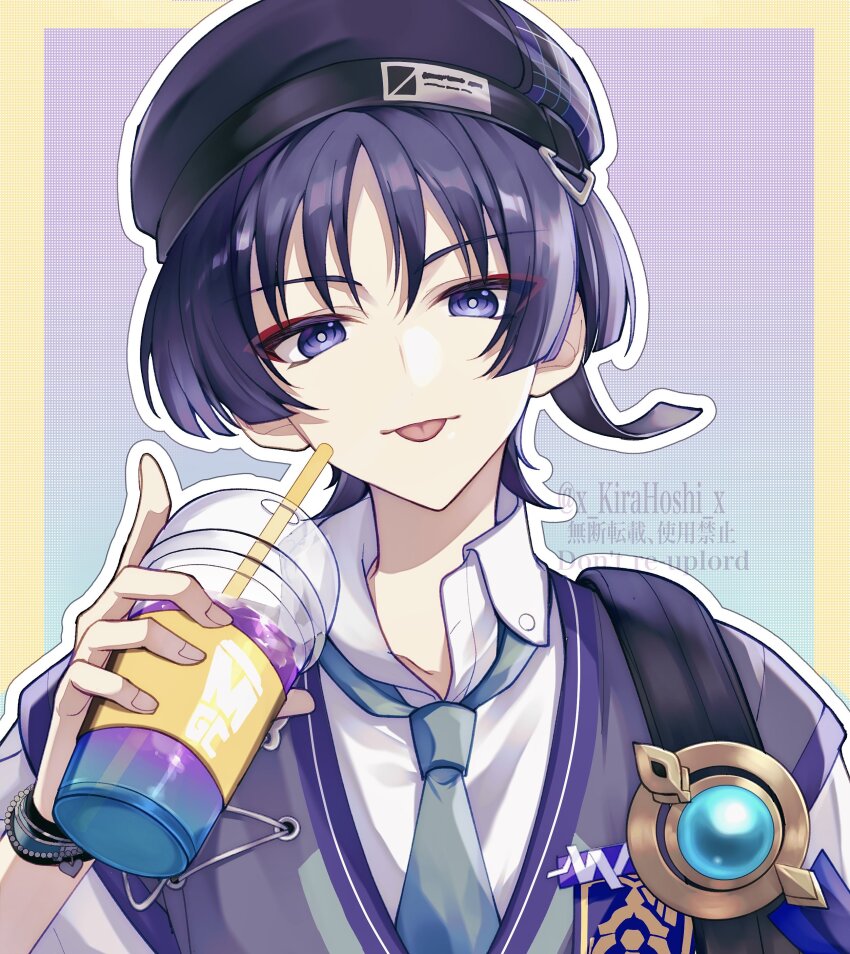 1boy absurdres alternate_costume aqua_necktie beret blue_gemstone blunt_ends border bright_pupils coffee collared_shirt cup disposable_cup drinking_straw emblem eyeliner eyeshadow fingernails gem genshin_impact gold gradient_background hat head_tilt highres holding holding_cup iced_coffee kirahoshi looking_at_viewer makeup male_focus necktie official_alternate_costume portrait purple_eyes purple_hair purple_hat purple_sweater_vest red_eyeliner red_eyeshadow scaramouche_(genshin_impact) shirt short_sleeves solo straight-on sweater_vest tongue tongue_out vision_(genshin_impact) wanderer_(genshin_impact) wanderer_(mega_mgc_coffee)_(genshin_impact) watermark white_pupils white_shirt white_sleeves wristband yellow_border