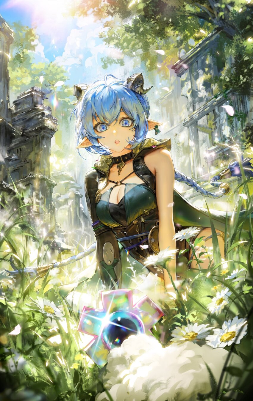 1girl asymmetrical_sleeves black_horns blue_eyes blue_hair blue_sky braid breasts chrysanthemum cleavage cloud collar day eyelashes flower hair_between_eyes highres horns long_hair lucia_elowen medium_breasts mismatched_sleeves mole mole_on_arm outdoors petals pointy_ears sidelocks sky solo sunlight surprised teeth tree upper_teeth_only vlfdus_0 white_flower zenless_zone_zero