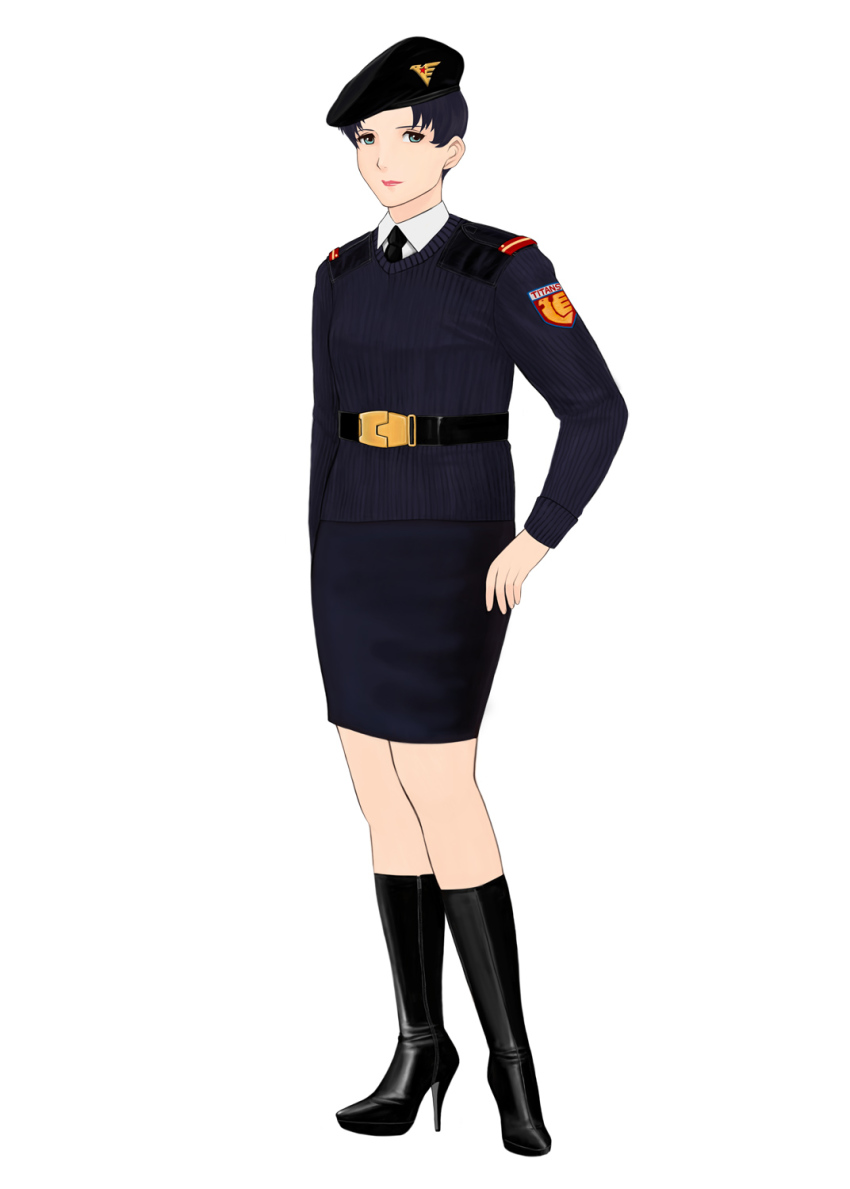 1girl black_hair boots green_eyes gundam high_heel_boots high_heels highres komii military military_uniform short_hair stiletto_boots stiletto_heels thigh_boots thighhighs zeta_gundam